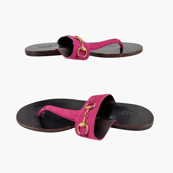 Gucci Horsebit T-Strap Flip Flop Thong Flat Sandal Pink Suede Size 38 US 8 Women - Picture 9 of 13